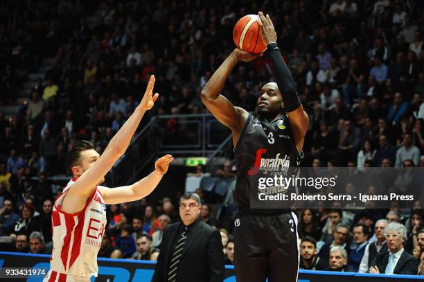 Michael Umeh of Segafredo competes with Dairis Bertans of EA7 during the LBA LegaBasket of Serie A match between Virtus Segafredo Bologna and Olimpia...