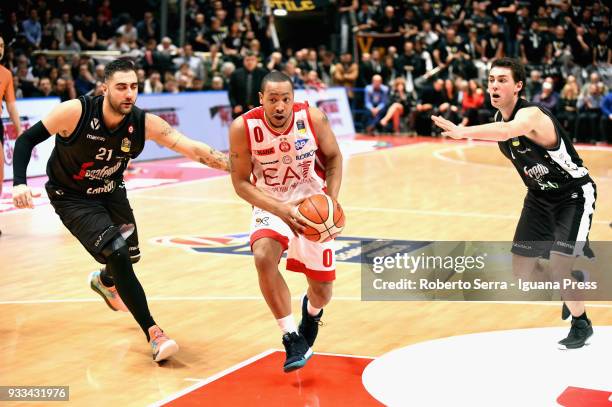 Andrew Goudelock of EA7 competes with Pietro Aradori and Alessandro Pajola of Segafredo during the LBA LegaBasket of Serie A match between Virtus...