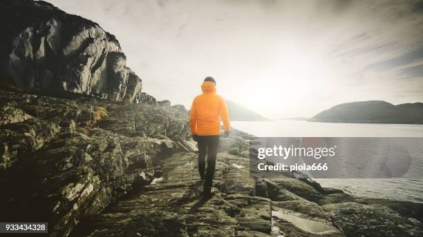 bergwandelen van de man door de zee van een fjord in noorwegen - yellow jacket stockfoto's en -beelden