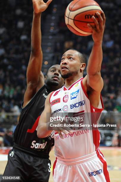 Andrew Goudelock of EA7 competes with Michael Umeh of Segafredo during the LBA LegaBasket of Serie A match between Virtus Segafredo Bologna and...