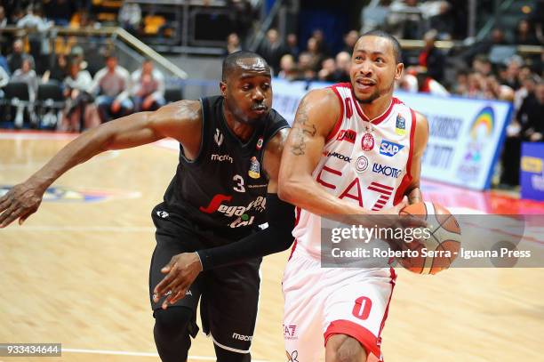 Andrew Goudelock of EA7 competes with Michael Umeh of Segafredo during the LBA LegaBasket of Serie A match between Virtus Segafredo Bologna and...