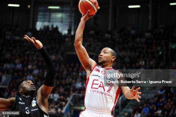 Andrew Goudelock of EA7 competes with Michael Umeh of Segafredo during the LBA LegaBasket of Serie A match between Virtus Segafredo Bologna and...