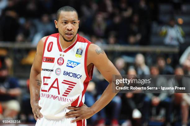 Andrew Goudelock of EA7 looks over during the LBA LegaBasket of Serie A match between Virtus Segafredo Bologna and Olimpia EA7 Armani Milano at...