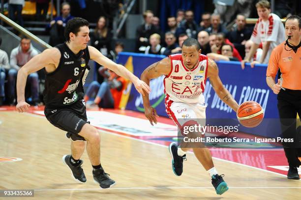 Andrew Goudelock of EA7 competes with Alessandro Pajola of Segafredo during the LBA LegaBasket of Serie A match between Virtus Segafredo Bologna and...