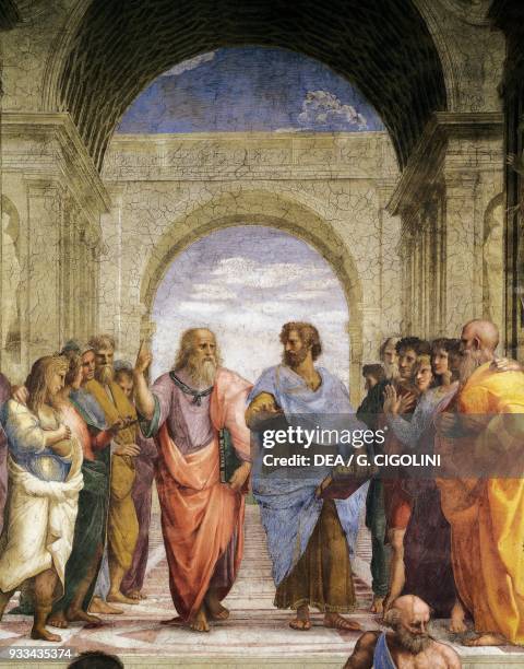 Plato and Aristotle, 1509-1511, detail from The School of Athens, fresco by Raphael , Stanza della Segnatura, Apostolic Palace, Vatican City.