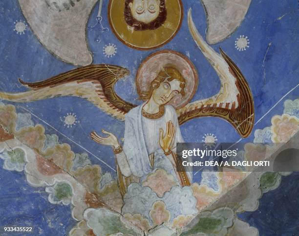 Angel figure, ca 1180, detail from the fresco on the crypt apse of Marienberg Abbey, Mals, Burgusio, Trentino-Alto Adige. Italy, 12th century.