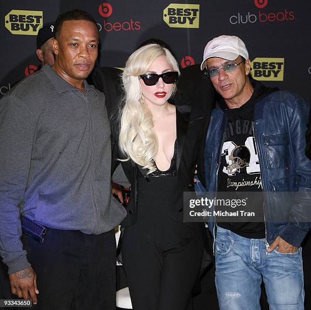 Dr. Dre, Lady Gaga and Interscope's Jimmy Iovine attend the debut of Lady Gaga's new album "The Fame Monster" at Best Buy on November 23, 2009 in Los...