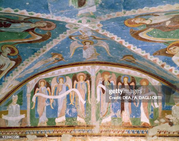 Angels, ca 1180, detail from the fresco on the crypt apse of Marienberg Abbey, Mals, Trentino-Alto Adige. Italy, 12th century.