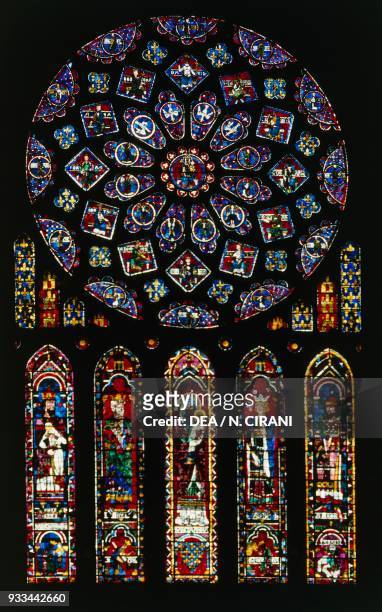 Rose window and stained glasses from the south transept, Cathedral of Notre-Dame , Chartres, Centre, France.