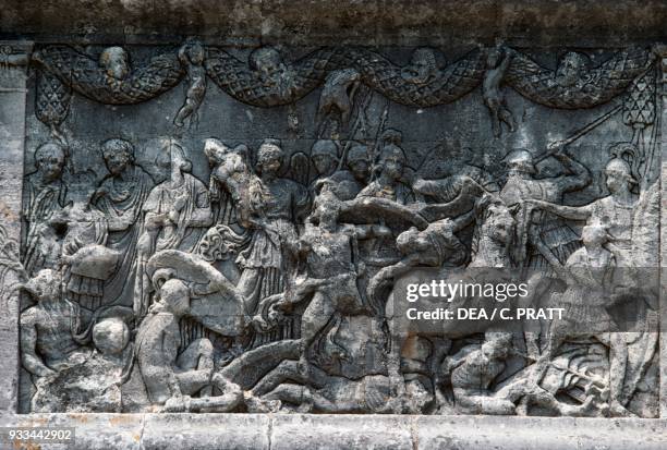 Fight between the Greeks and the Amazons, bas-relief from the Mausoleum of the Julii, Glanum, Saint-Remy-de-Provence, Provence-Alpes-Cote d'Azur,...
