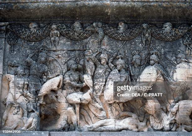 Greeks and Trojans fighting for the body of Patroclus, Trojan War, bas-relief from the Mausoleum of the Julii, Glanum, Saint-Remy-de-Provence,...