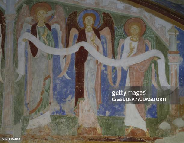 Angels, ca 1180, detail from the fresco on the crypt apse of Marienberg Abbey, Mals, Trentino-Alto Adige. Italy, 12th century.