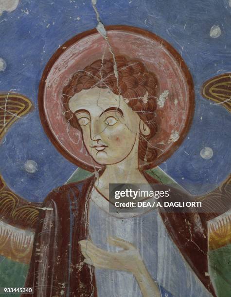 Angel figure, ca 1180, detail from the fresco on the crypt apse of Marienberg Abbey, Mals, Trentino-Alto Adige. Italy, 12th century.