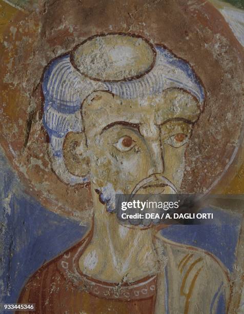 St Peter, detail from Christ of Majesty, fresco on the crypt apse of Marienberg Abbey, Mals, Trentino-Alto Adige. Italy, 12th century.