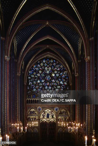 Nave and the western wall with the rose window, upper chapel, Sainte-Chapelle, 1246-1248, Paris, France, 13th century.