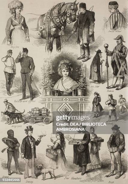 Types of Viennese people: shop girl, carter with horse, Jewish widow, soldier and officer, old Jew, Drum major, dog with cart, girl in a kiosk,...