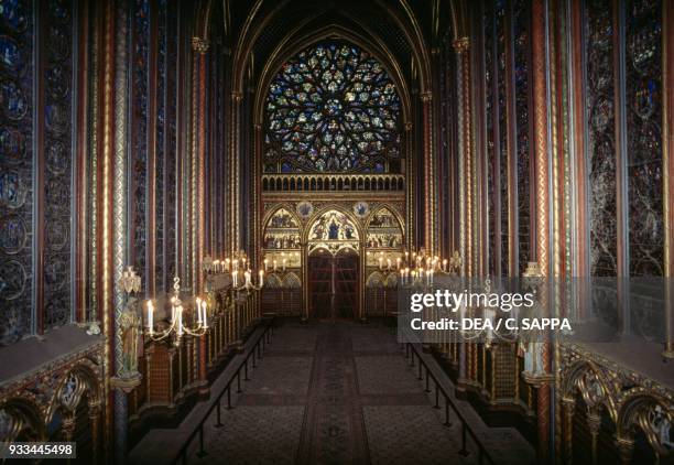 Nave and the western wall with the rose window, upper chapel, Sainte-Chapelle, 1246-1248, Paris, France, 13th century.