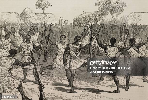 Ashanti war dance, Ghana, Third Anglo-Ashanti War, illustration from the magazine The Illustrated London News, volume LXIII, July 26, 1873.