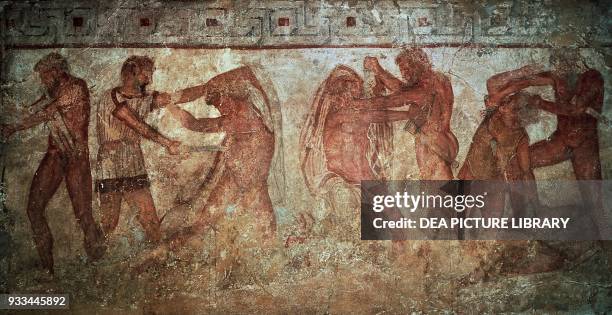 Struggle among heroes from Vulci, fresco from the Francois Tomb in Vulci, now in Villa Albani, Rome, Italy. Etruscan civilization, 4th century BC.