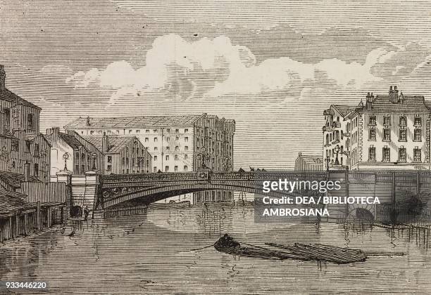 The new bridge on Aire river at Leeds, United Kingdom, illustration from the magazine The Illustrated London News, volume LXIII, August 2, 1873.