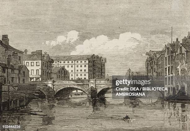 The old bridge on Aire river at Leeds, United Kingdom, illustration from the magazine The Illustrated London News, volume LXIII, August 2, 1873.