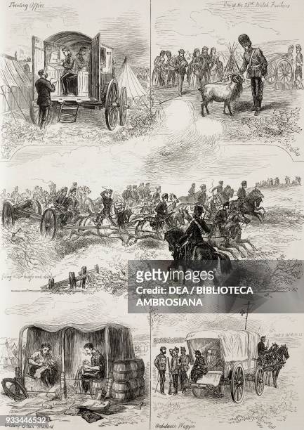 Printing office; a soldier 23rd Welsh fusiliers with a goat; towing a cannon with horses; repairing horse collars; ambulance wagon; scenes from the...