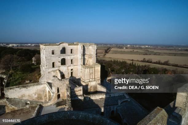 Montmajour abbey seen from the Pons de l'Orme tower, Provence-Alpes-Cote d'Azur, France, 11th-18th century.