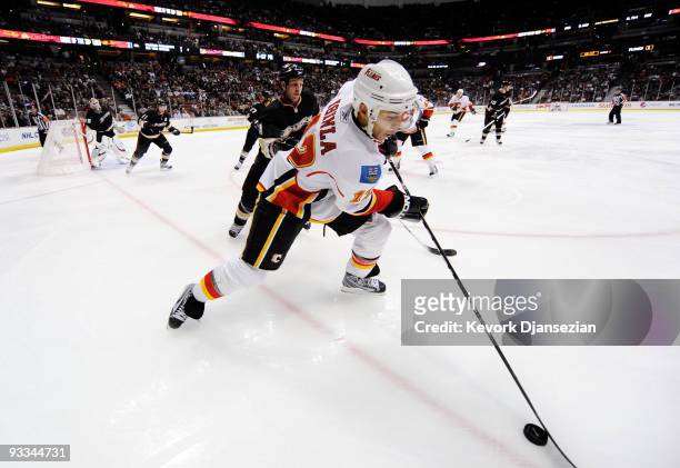 Jarome Iginla of the Calgary Flames skates against the Anaheim Ducks during the second period of the NHL game at the Honda Center on November 23,...