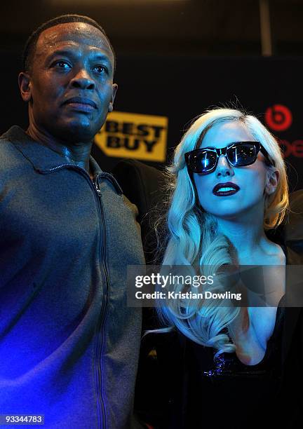 Lady Gaga and Dr Dre attend a CD Signing For "Monster" at Best Buy on November 23, 2009 in Los Angeles, California.