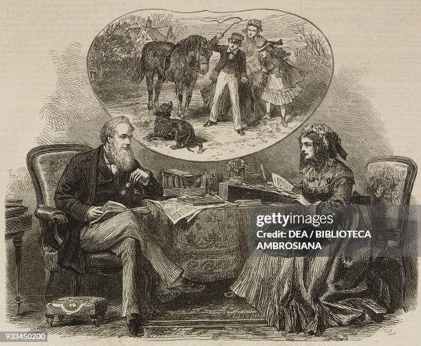 Couple sitting at table, United Kingdom, illustration from the magazine The Illustrated London News, volume LX, February 17, 1872.