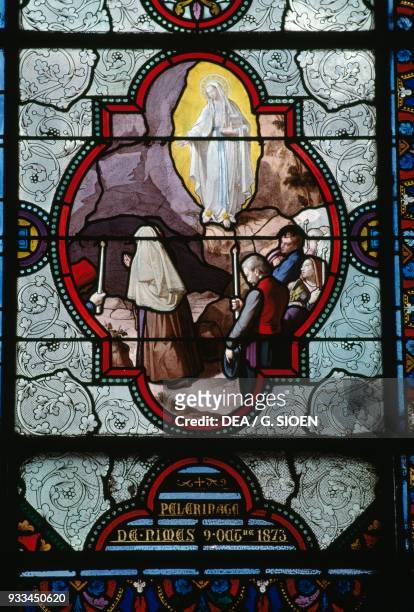 Apparition of the Virgin Mary to Bernadette Soubirous, Stories of Lourdes apparitions, stained glass in the Upper Basilica of Our Lady of the Rosary,...