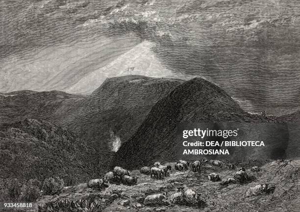 Hind Head Hill, a flock of sheep, engraving from a watercolour by Joseph Mallord William Turner , illustration from the magazine The Illustrated...
