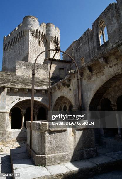 Cloister of Montmajour abbey, with the Pons de l'Orme tower in the background, Provence-Alpes-Cote d'Azur, France, 11th-18th century.