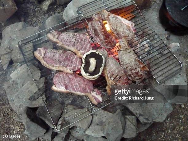 steaks and portobello mushroom cooking on grill over campfire - グロウスターシャー ストックフォトと画像