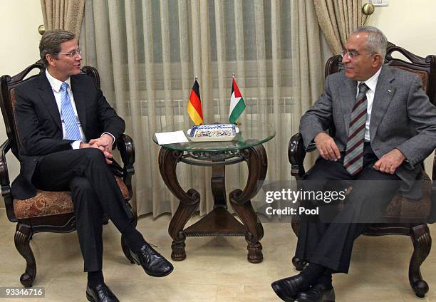 German Foreign Minister Guido Westerwelle meets Palestinian Prime Minister Salaam Fayyad during his visit to the West Bank on November 24, 2009 in...