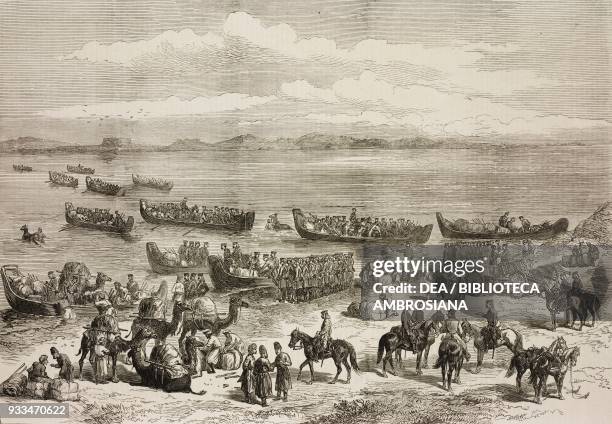 General Konstantin von Kaufman's division crossing the Oxus or Amu Darya river, the Russian expedition to Khiva, Uzbekistan, illustration from the...