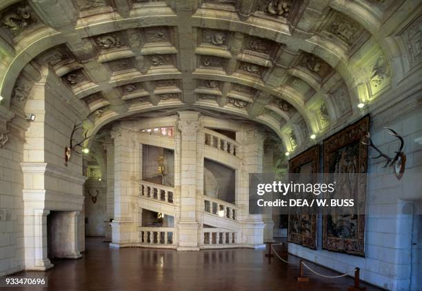 Double-spiral staircase in the centre of the Hall of the guards, Chateau de Chambord, Loire Valley , Centre-Val de Loire. France, 16th century.
