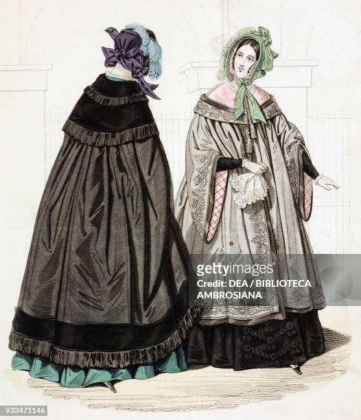 Female sketches with cloak and hat, plate 63 taken from Parisian Fashion, Il Corriere delle Dame , 15th November 1841.