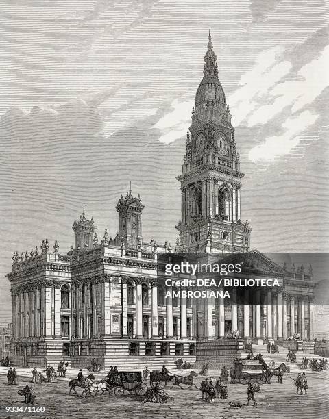 The new Town Hall of Bolton, Lancashire, United Kingdom, illustration from the magazine The Illustrated London News, volume LXII, June 7, 1873.