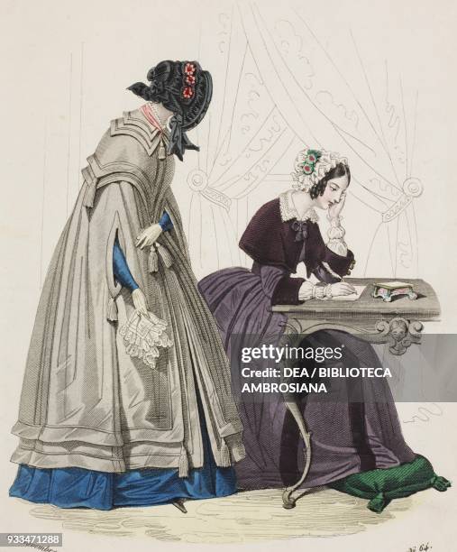 Female sketches with grey cloak and dark hat and in purple dress, plate 64 taken from Parisian Fashion, Il Corriere delle Dame , 20th November 1841.