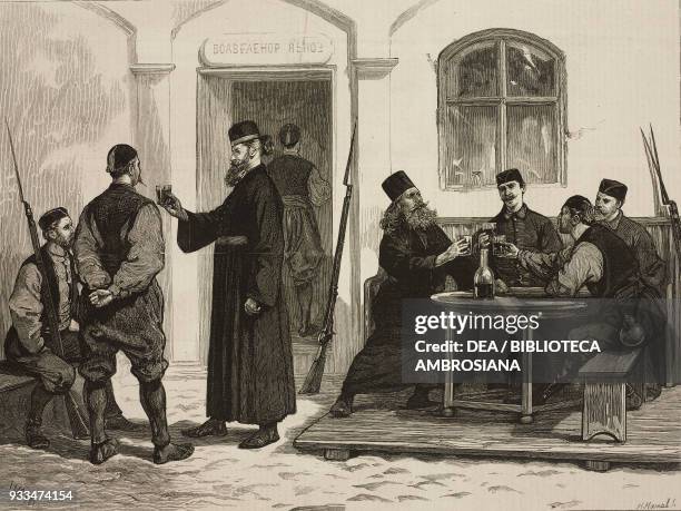 Soldiers and Orthodox priests toasting during the armistice, Ivanitza, Balkan uprisings, illustration from the magazine The Graphic, volume XIV, no...