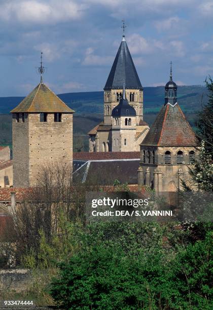 Holy water belfry and the towers of the city wall, Cluny abbey, Burgundy, France, 10th-12th century.