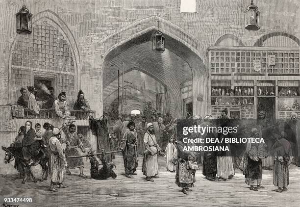 Bazaar at Teheran, a man flogged, Iran, illustration from the magazine The Illustrated London News, volume LXII, June 21, 1873.