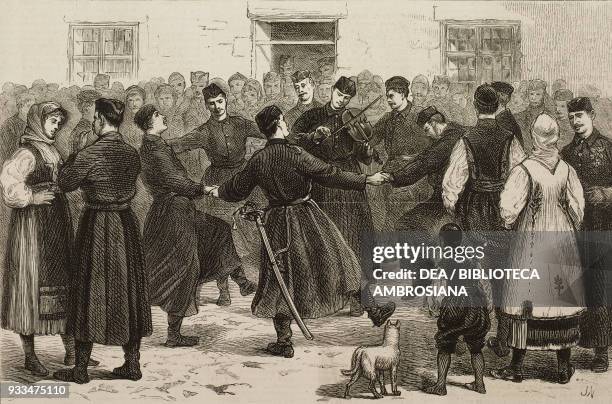 Soldiers dancing kolo during the armistice, Lornica, Balkan uprisings, illustration from the magazine The Graphic, volume XIV, no 359, October 14,...