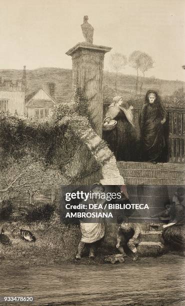 The old gate, women and children on a staircase, engraving from a painting by Frederick Walker , illustration from the magazine The Graphic, volume...