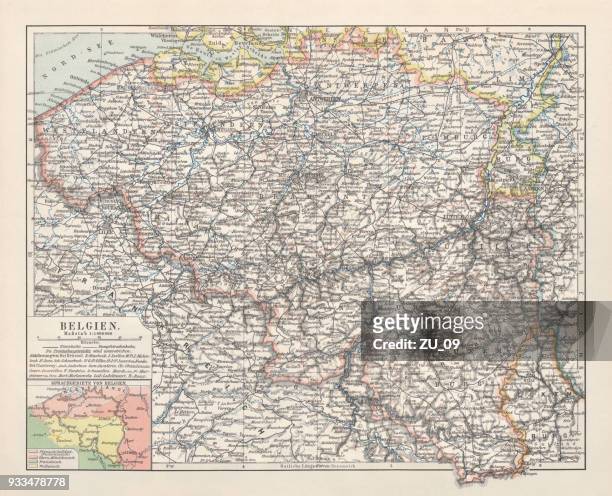 map of belgium, lithograph, published in 1897 - east flanders stock illustrations