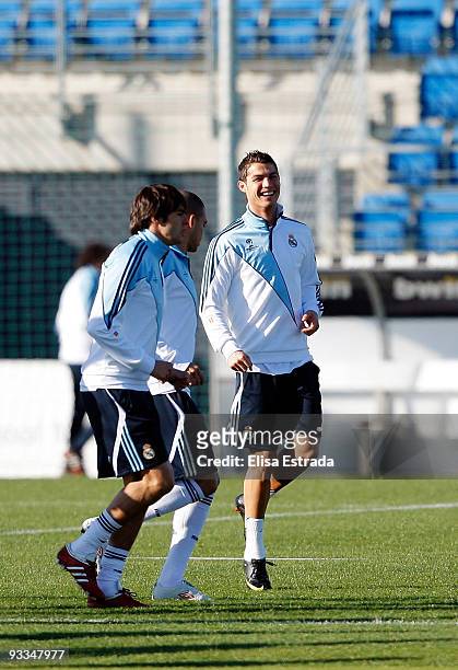 Cristiano Ronaldo , Pepe and Kaka of Real Madrid laugh during a training session at Valdebebas on November 24, 2009 in Madrid, Spain.