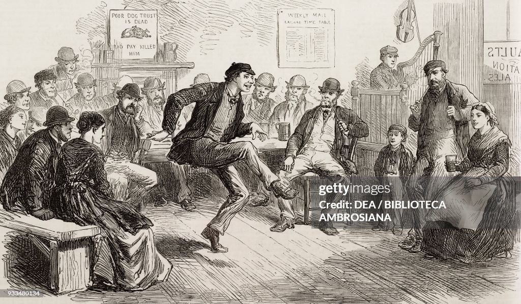 A group of colliers dancing in a pub, South Wales