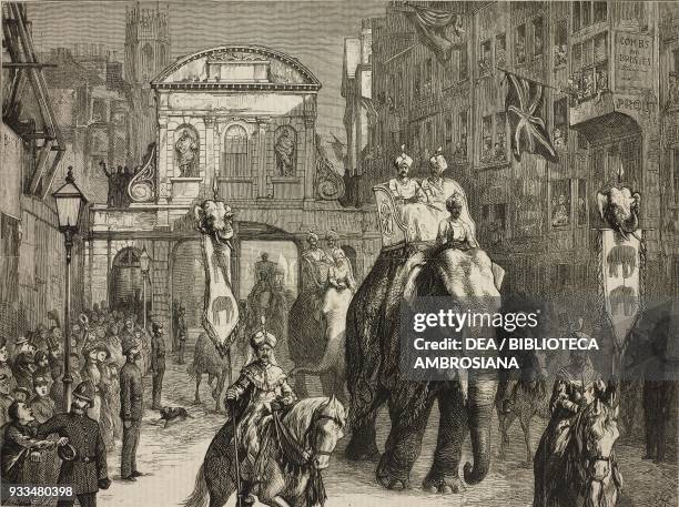 Elephants passing under Temple Bar, Lord Mayor's Day, London, United Kingdom, illustration from the magazine The Graphic, volume XIV, no 364,...