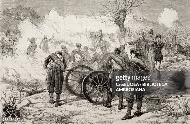 Loading a muzzle-loading cannon, Battle of Elgeta, February 13 Third Carlist War, Spain, illustration from the magazine The Graphic, volume XIII, no...